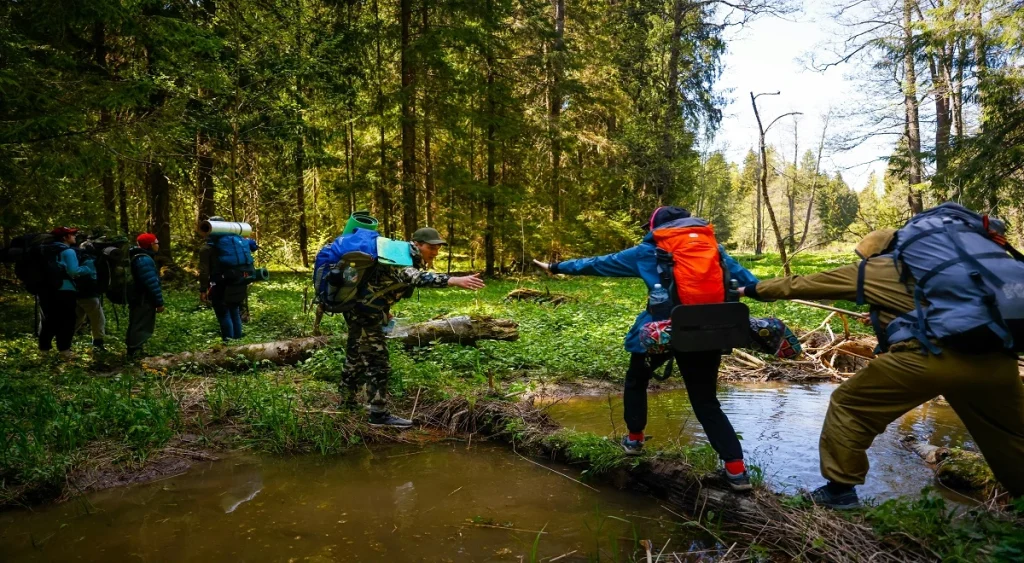 staying aware on a hiking trail by observing and listening in a forest