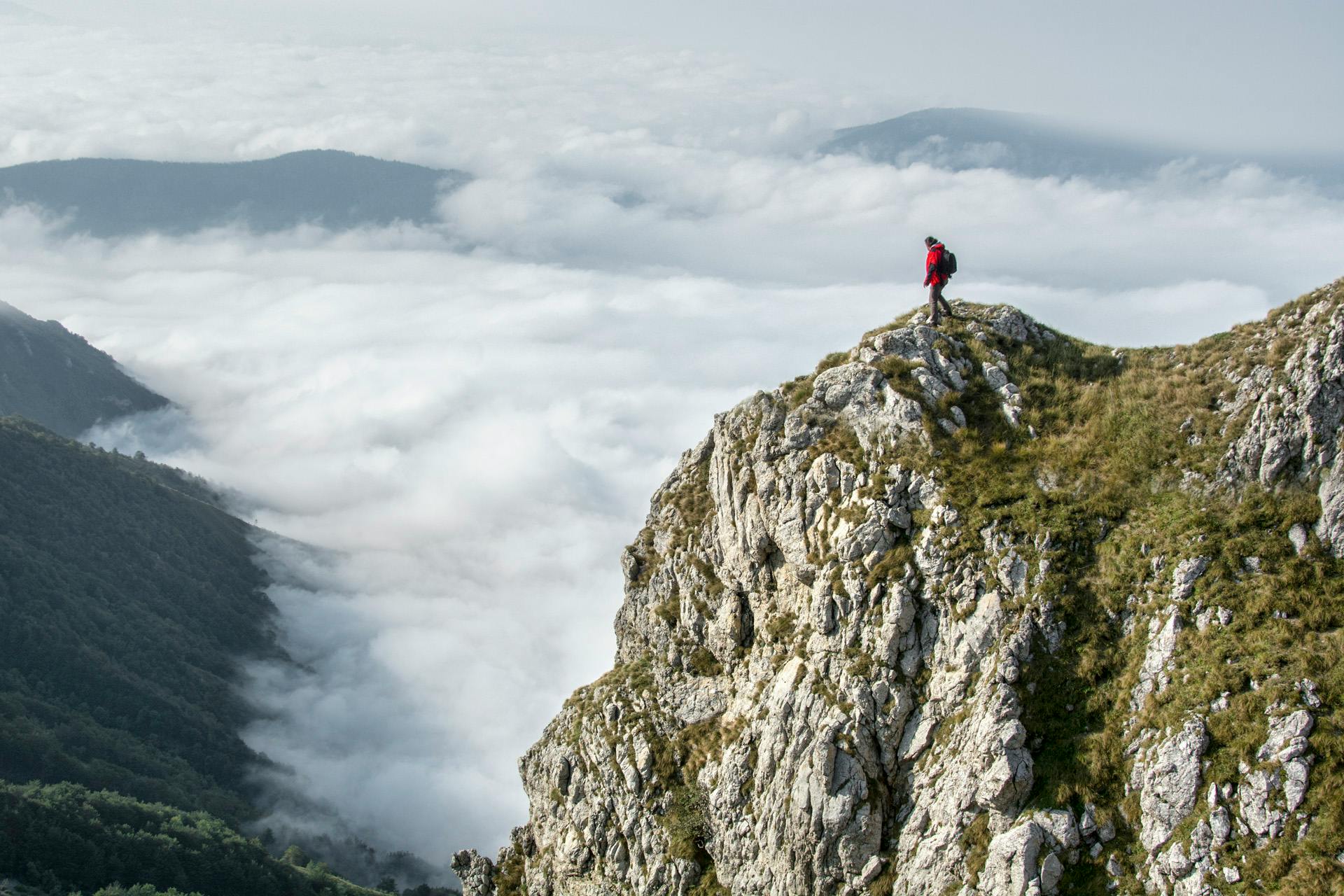 walking down steep trails with careful balance on rocky terrain