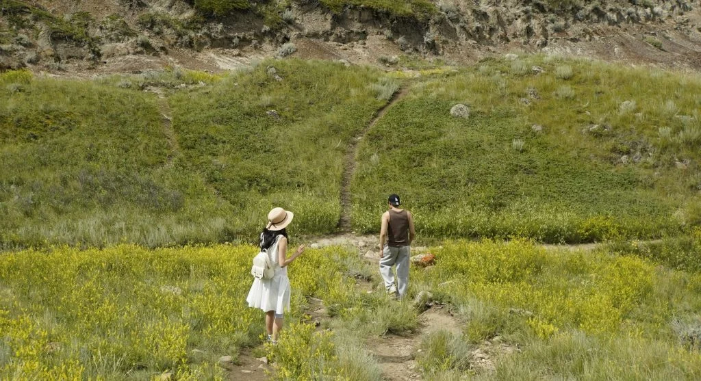 Hiker reading trail surface before rough section