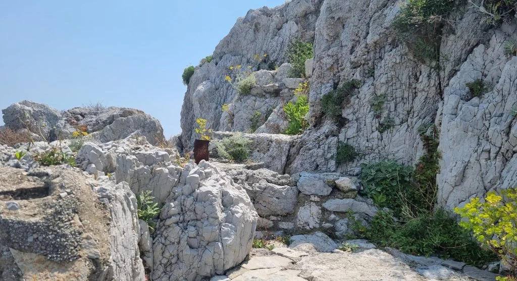 hiker stepping from rock to dirt trail