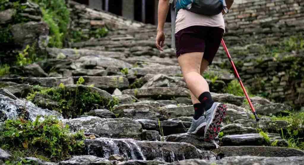 Shorter steadier steps help hikers move more efficiently on trails with scattered rocks